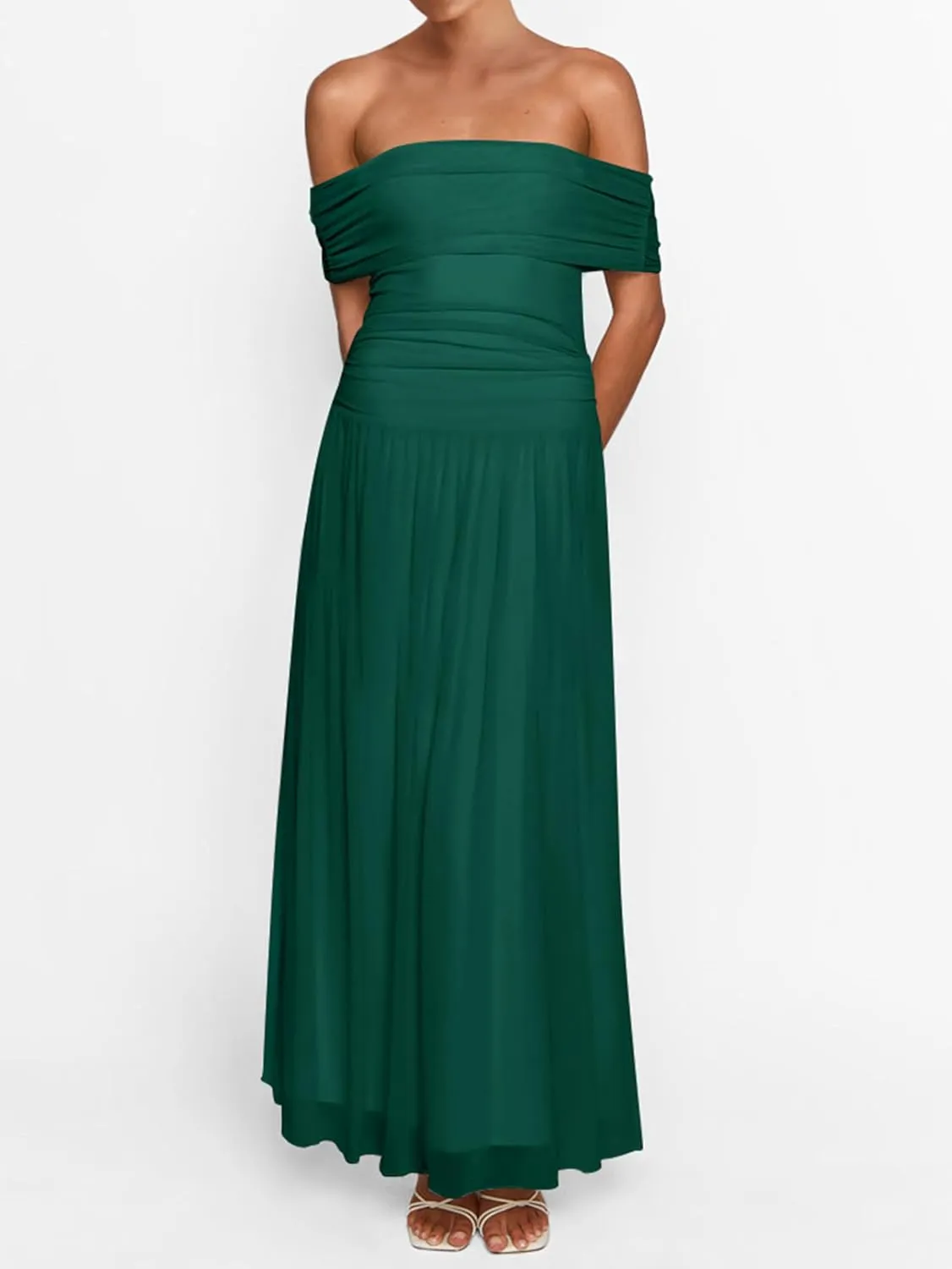 MASCOMODA Women Off The Shoulder Mesh Maxi Dress Bodycon Ruched Formal Sleeveless Pleated Cocktail Wedding Guest Long Dresses