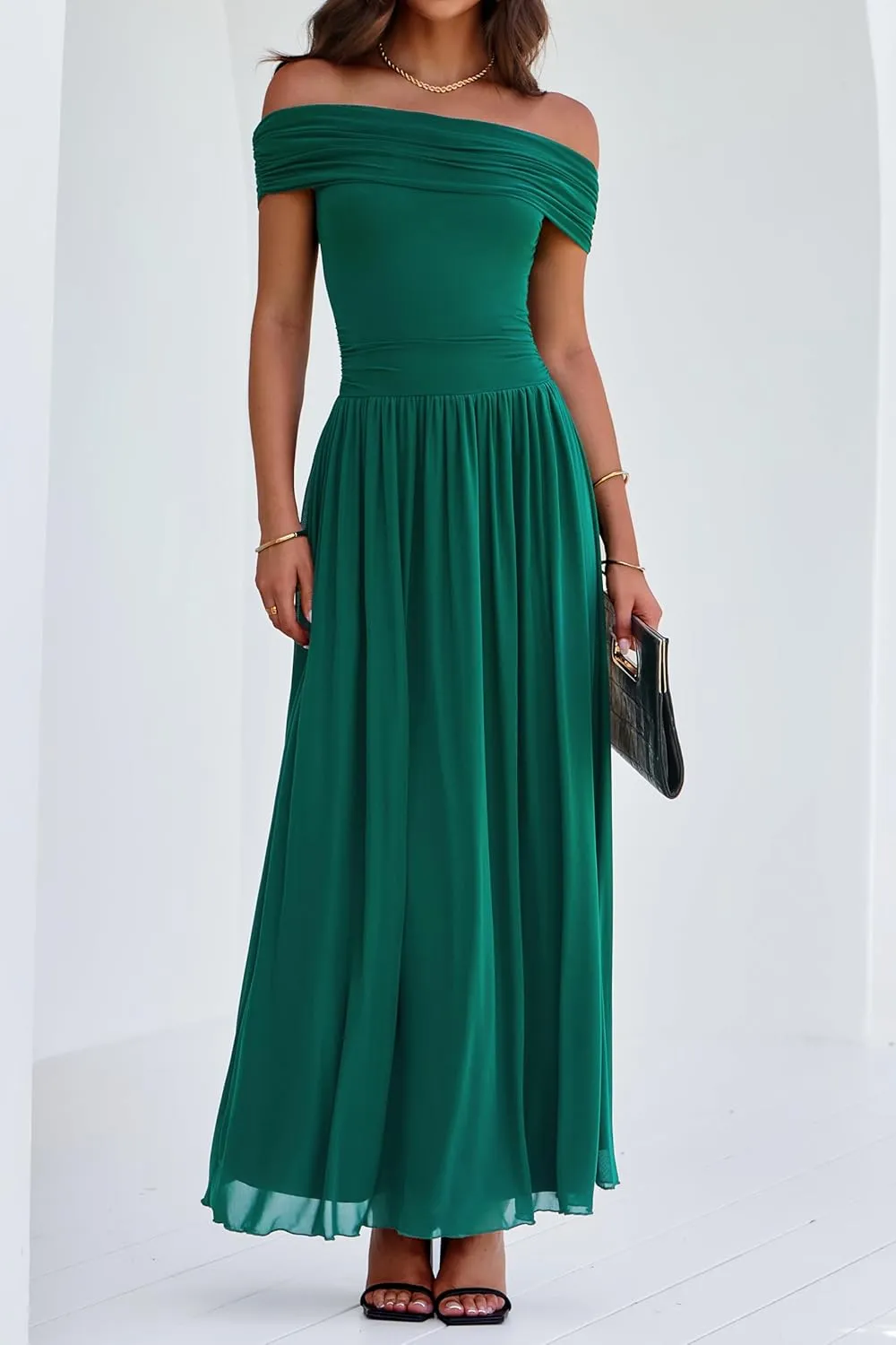 MASCOMODA Women Off The Shoulder Mesh Maxi Dress Bodycon Ruched Formal Sleeveless Pleated Cocktail Wedding Guest Long Dresses