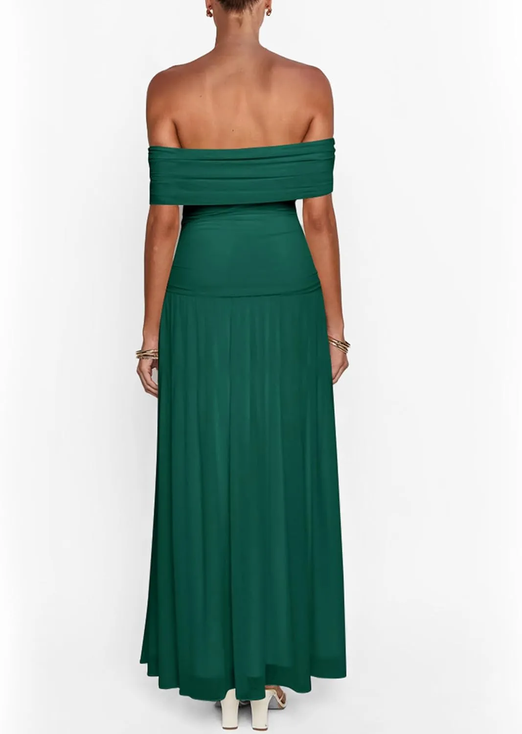 MASCOMODA Women Off The Shoulder Mesh Maxi Dress Bodycon Ruched Formal Sleeveless Pleated Cocktail Wedding Guest Long Dresses