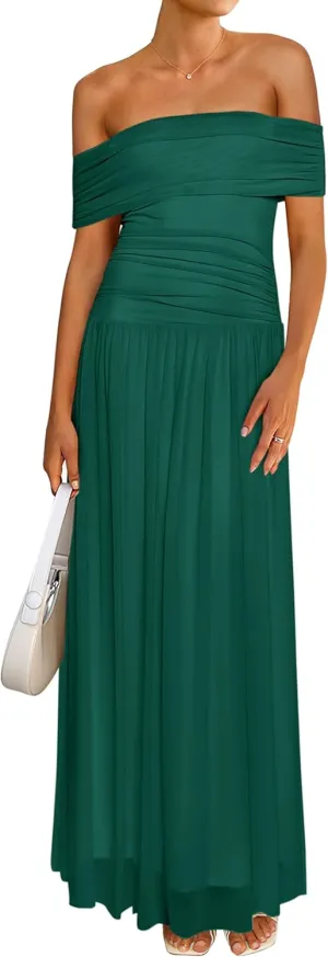 MASCOMODA Women Off The Shoulder Mesh Maxi Dress Bodycon Ruched Formal Sleeveless Pleated Cocktail Wedding Guest Long Dresses