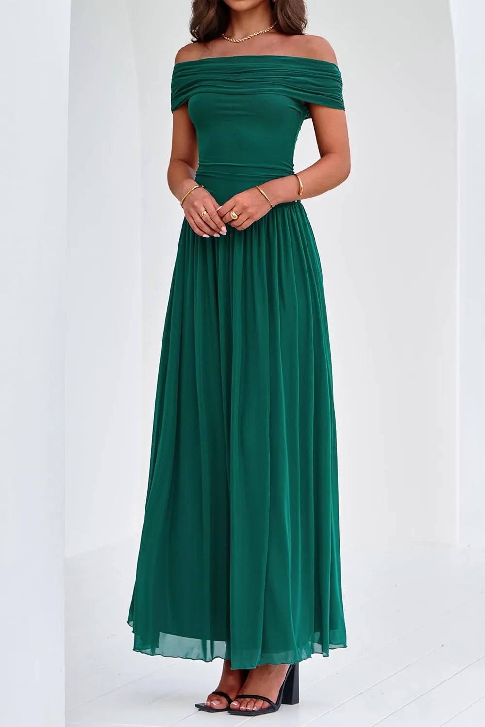 MASCOMODA Women Off The Shoulder Mesh Maxi Dress Bodycon Ruched Formal Sleeveless Pleated Cocktail Wedding Guest Long Dresses