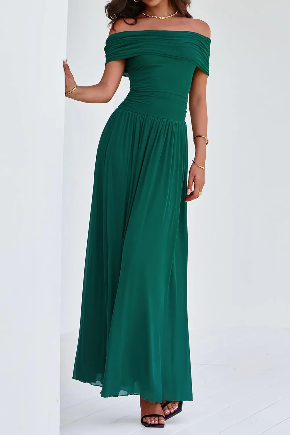 MASCOMODA Women Off The Shoulder Mesh Maxi Dress Bodycon Ruched Formal Sleeveless Pleated Cocktail Wedding Guest Long Dresses