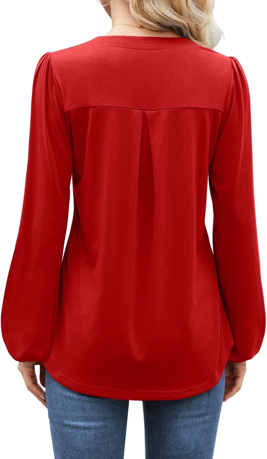 MIHOLL Women's V Neck Puff Long Sleeve T Shirts Pleated Casual Loose Tunic Blouse