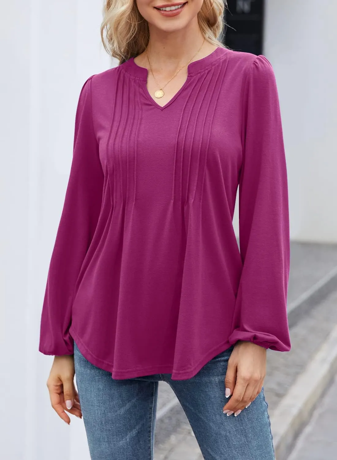 MIHOLL Women's V Neck Puff Long Sleeve T Shirts Pleated Casual Loose Tunic Blouse