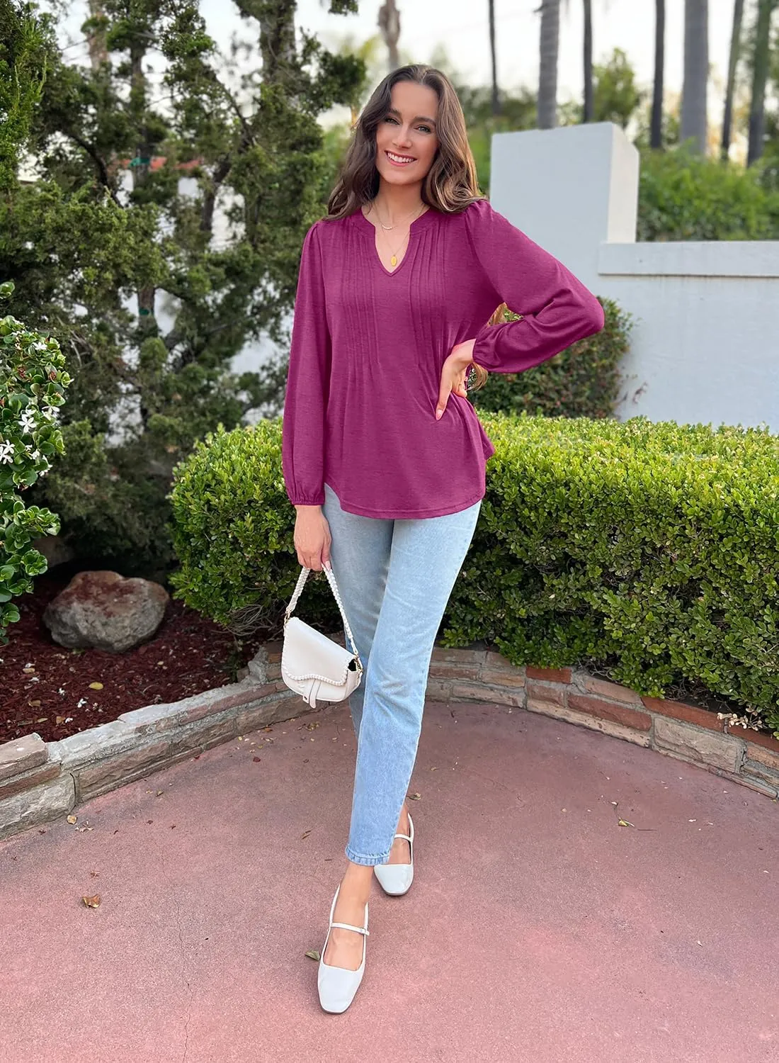 MIHOLL Women's V Neck Puff Long Sleeve T Shirts Pleated Casual Loose Tunic Blouse
