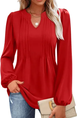 MIHOLL Women's V Neck Puff Long Sleeve T Shirts Pleated Casual Loose Tunic Blouse