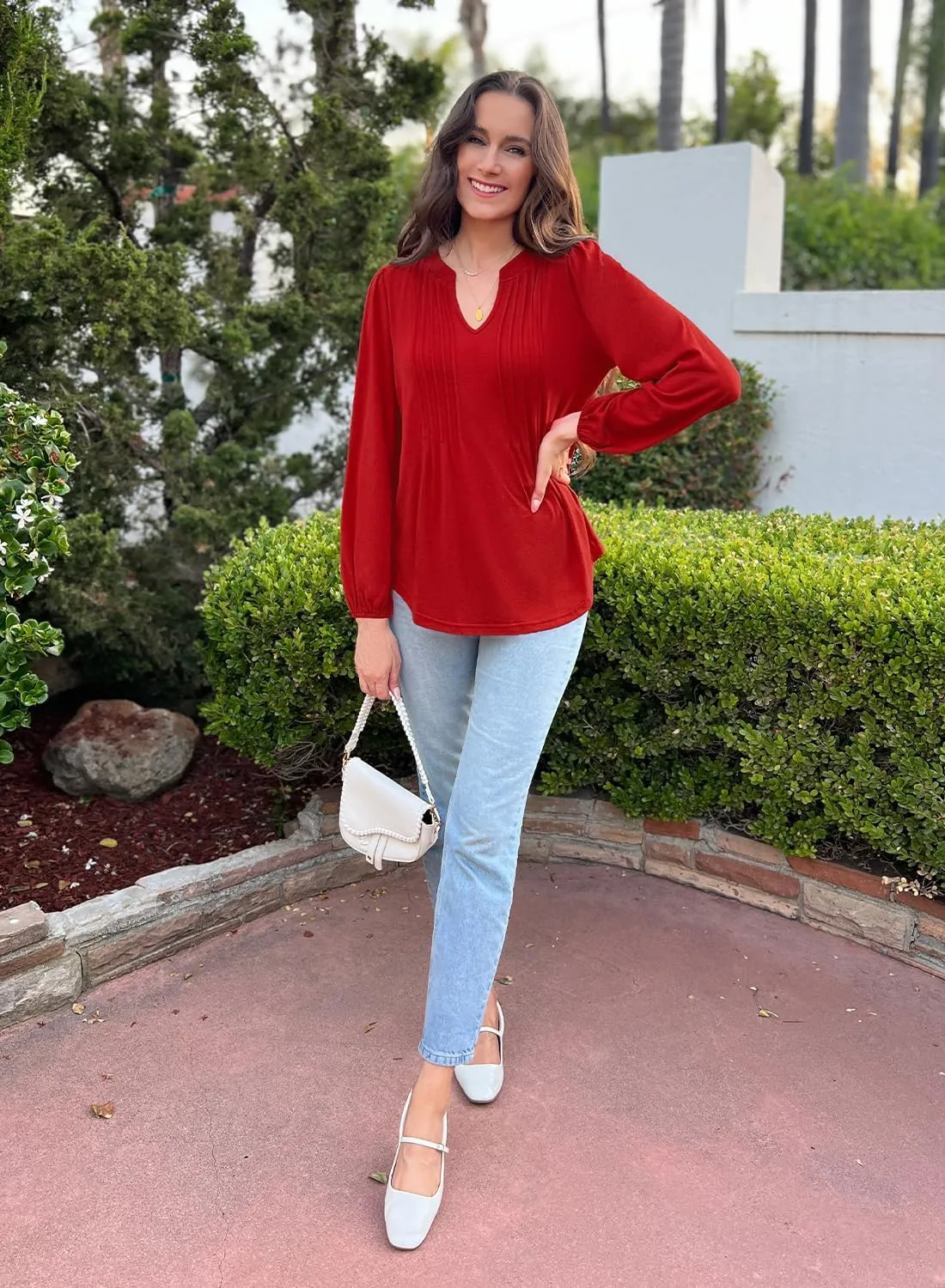 MIHOLL Women's V Neck Puff Long Sleeve T Shirts Pleated Casual Loose Tunic Blouse