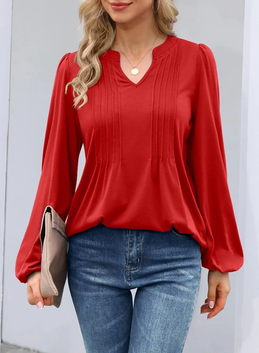 MIHOLL Women's V Neck Puff Long Sleeve T Shirts Pleated Casual Loose Tunic Blouse
