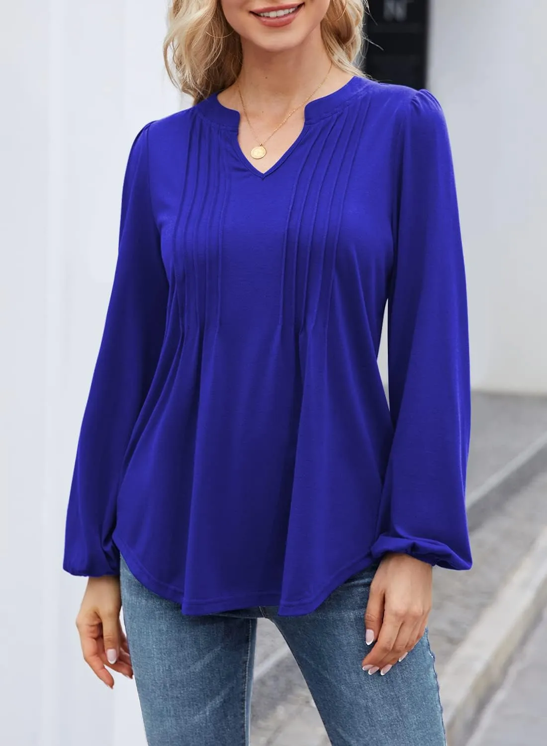 MIHOLL Women's V Neck Puff Long Sleeve T Shirts Pleated Casual Loose Tunic Blouse