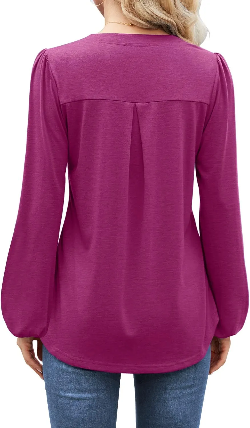 MIHOLL Women's V Neck Puff Long Sleeve T Shirts Pleated Casual Loose Tunic Blouse