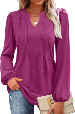 MIHOLL Women's V Neck Puff Long Sleeve T Shirts Pleated Casual Loose Tunic Blouse