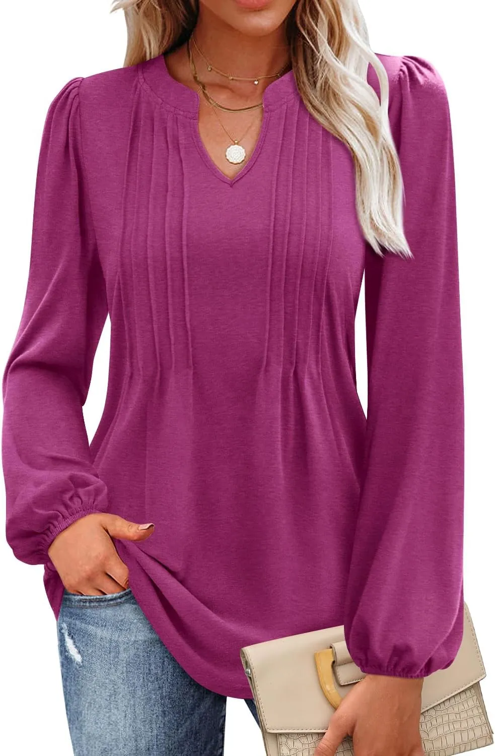 MIHOLL Women's V Neck Puff Long Sleeve T Shirts Pleated Casual Loose Tunic Blouse