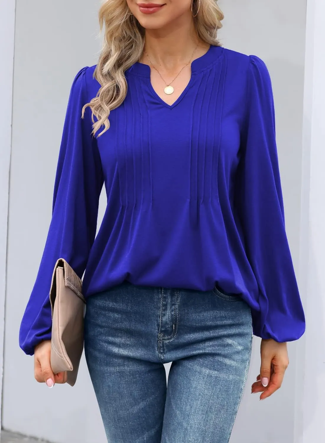 MIHOLL Women's V Neck Puff Long Sleeve T Shirts Pleated Casual Loose Tunic Blouse