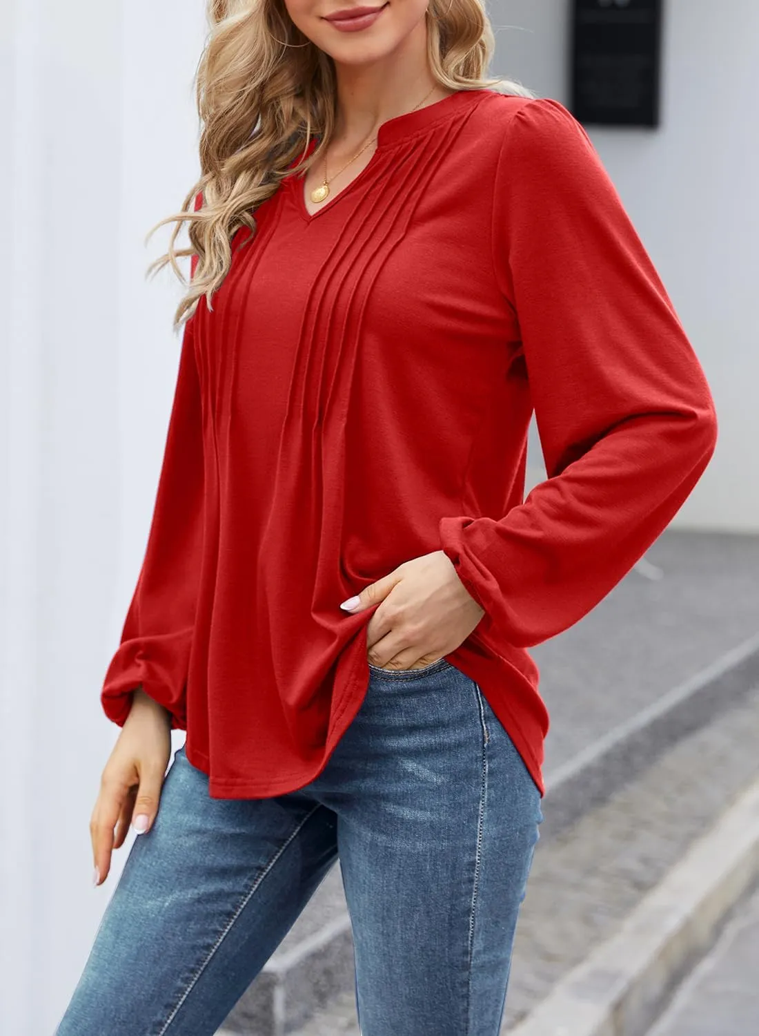 MIHOLL Women's V Neck Puff Long Sleeve T Shirts Pleated Casual Loose Tunic Blouse