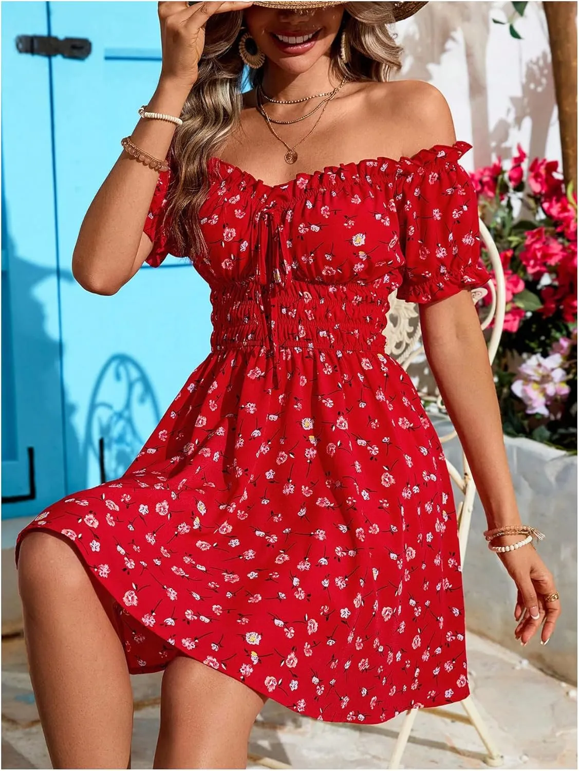 Milumia Women's Floral Off Shoulder Puff Sleeve Short Dress Boho Frill Trim A Line Mini Dresses