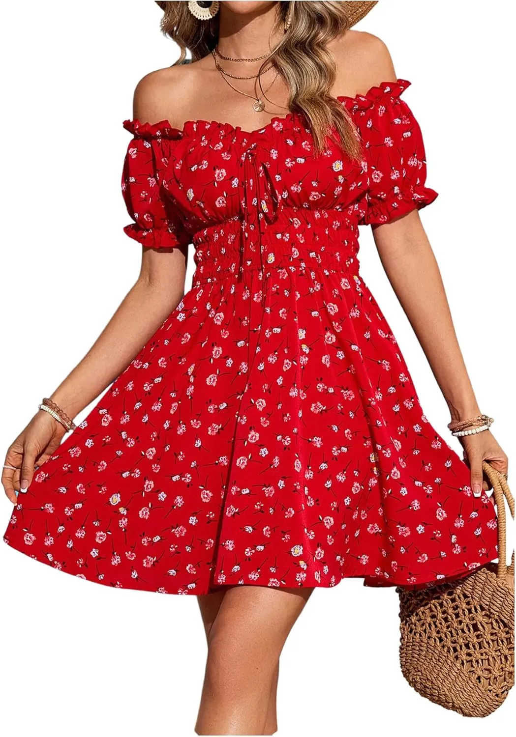 Milumia Women's Floral Off Shoulder Puff Sleeve Short Dress Boho Frill Trim A Line Mini Dresses