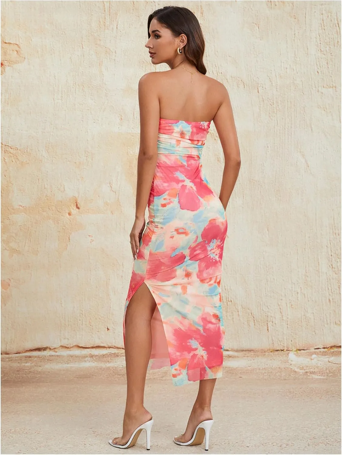 Milumia Women's Summer Strapeless Tube Top Dresses Side Slit Ruched Bodycon Maxi Dress Vacation