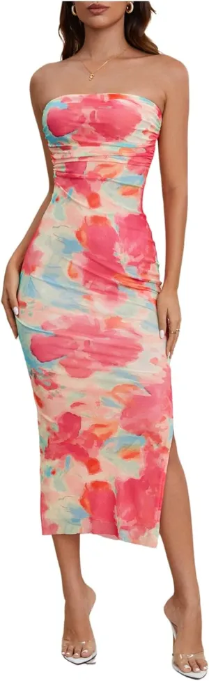 Milumia Women's Summer Strapeless Tube Top Dresses Side Slit Ruched Bodycon Maxi Dress Vacation