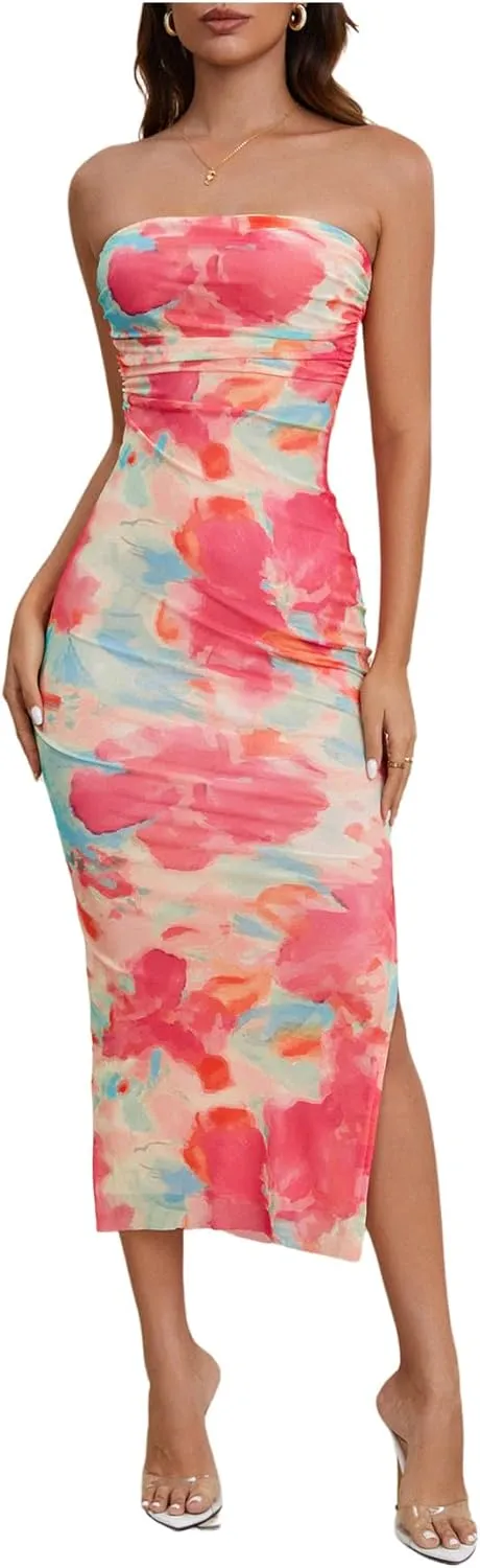Milumia Women's Summer Strapeless Tube Top Dresses Side Slit Ruched Bodycon Maxi Dress Vacation