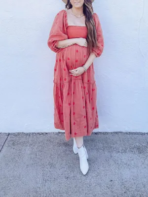 Momnfancy Elegant Watermelon Red Embroidery Sunflower Print Flowy Big Swing Ruffle Falbala Maternity Babyshower Maxi Dress