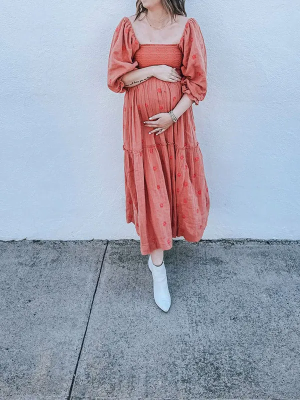Momnfancy Elegant Watermelon Red Embroidery Sunflower Print Flowy Big Swing Ruffle Falbala Maternity Babyshower Maxi Dress