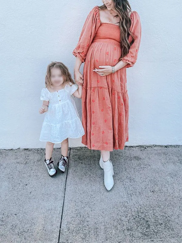 Momnfancy Elegant Watermelon Red Embroidery Sunflower Print Flowy Big Swing Ruffle Falbala Maternity Babyshower Maxi Dress