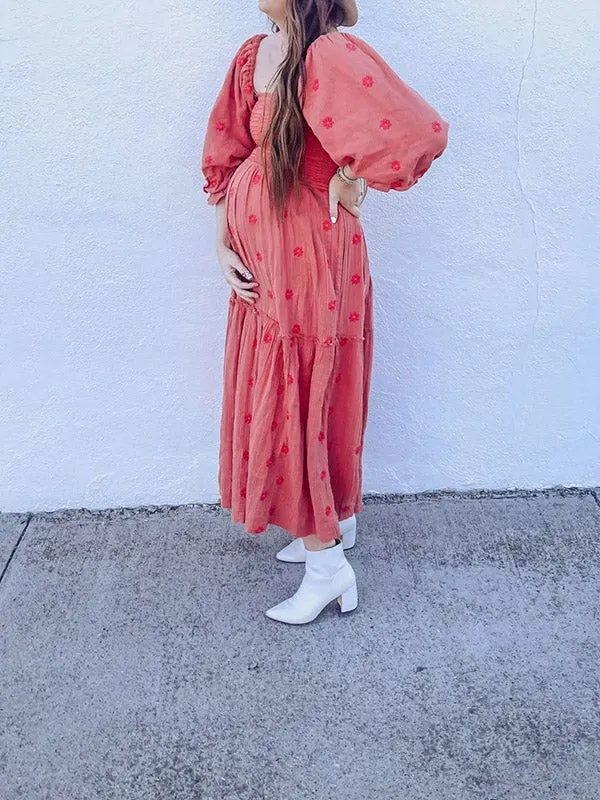 Momnfancy Elegant Watermelon Red Embroidery Sunflower Print Flowy Big Swing Ruffle Falbala Maternity Babyshower Maxi Dress