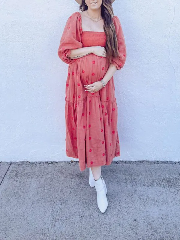 Momnfancy Elegant Watermelon Red Embroidery Sunflower Print Flowy Big Swing Ruffle Falbala Maternity Babyshower Maxi Dress