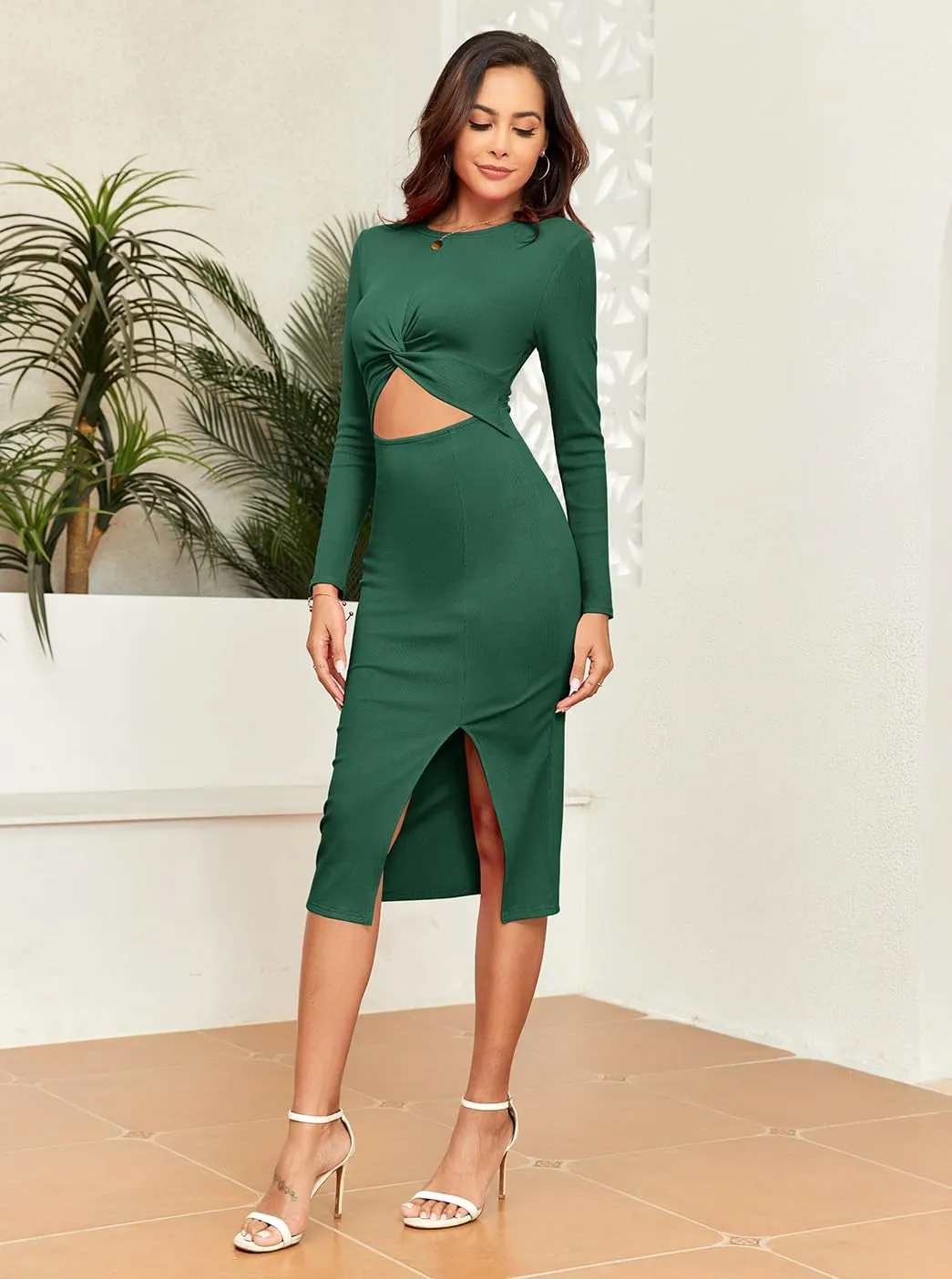 oten Women Casual Long Sleeve Cutout Twist Front Side Slit Ribbed Knit Party Bodycon Midi Dresses