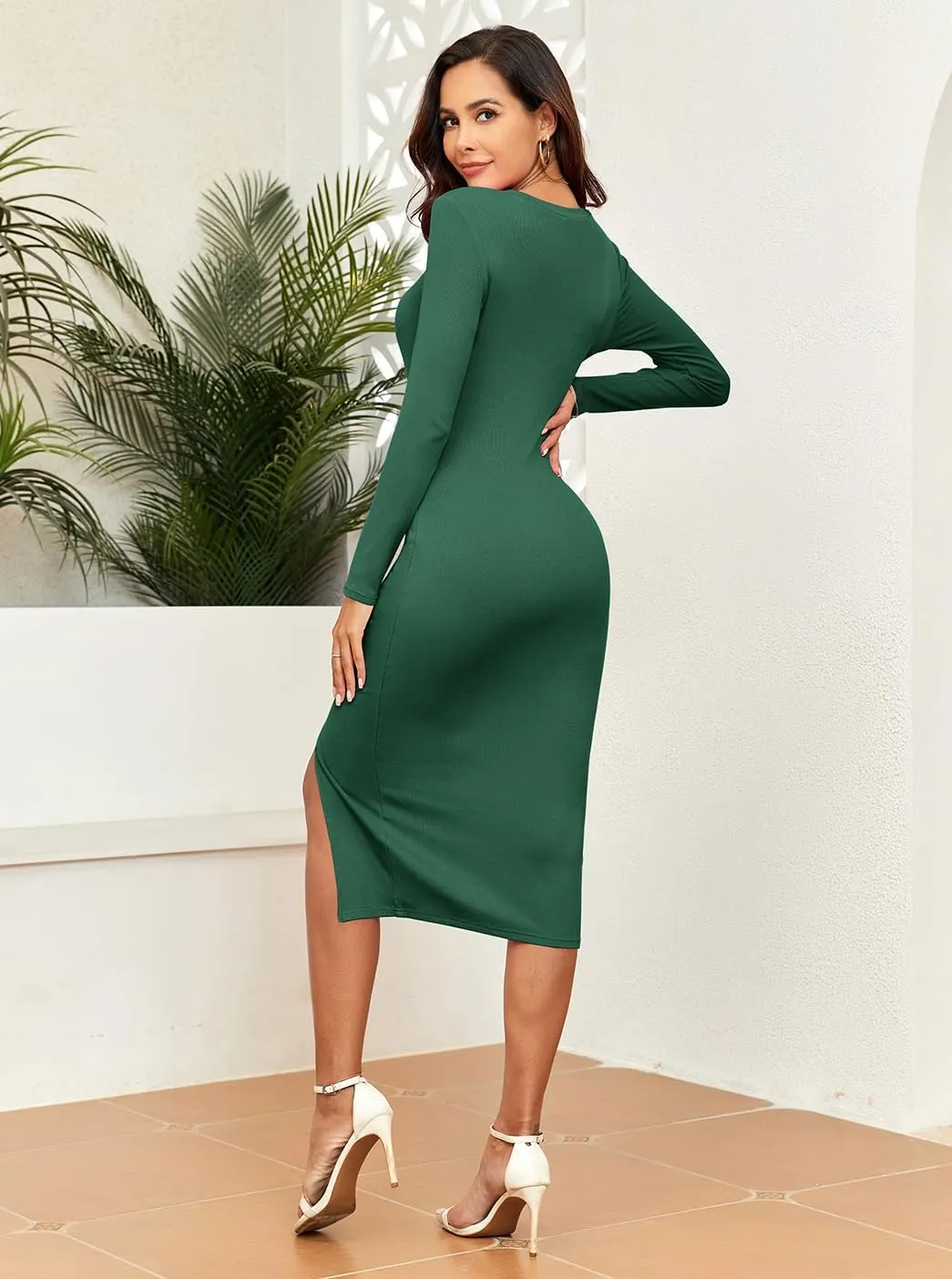 oten Women Casual Long Sleeve Cutout Twist Front Side Slit Ribbed Knit Party Bodycon Midi Dresses