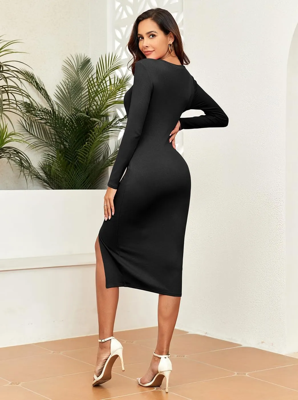 oten Women Casual Long Sleeve Cutout Twist Front Side Slit Ribbed Knit Party Bodycon Midi Dresses