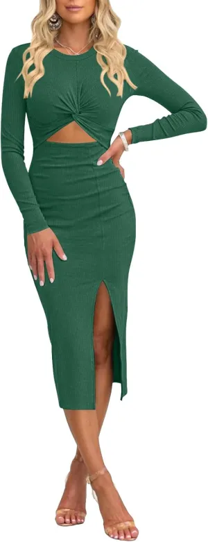 oten Women Casual Long Sleeve Cutout Twist Front Side Slit Ribbed Knit Party Bodycon Midi Dresses