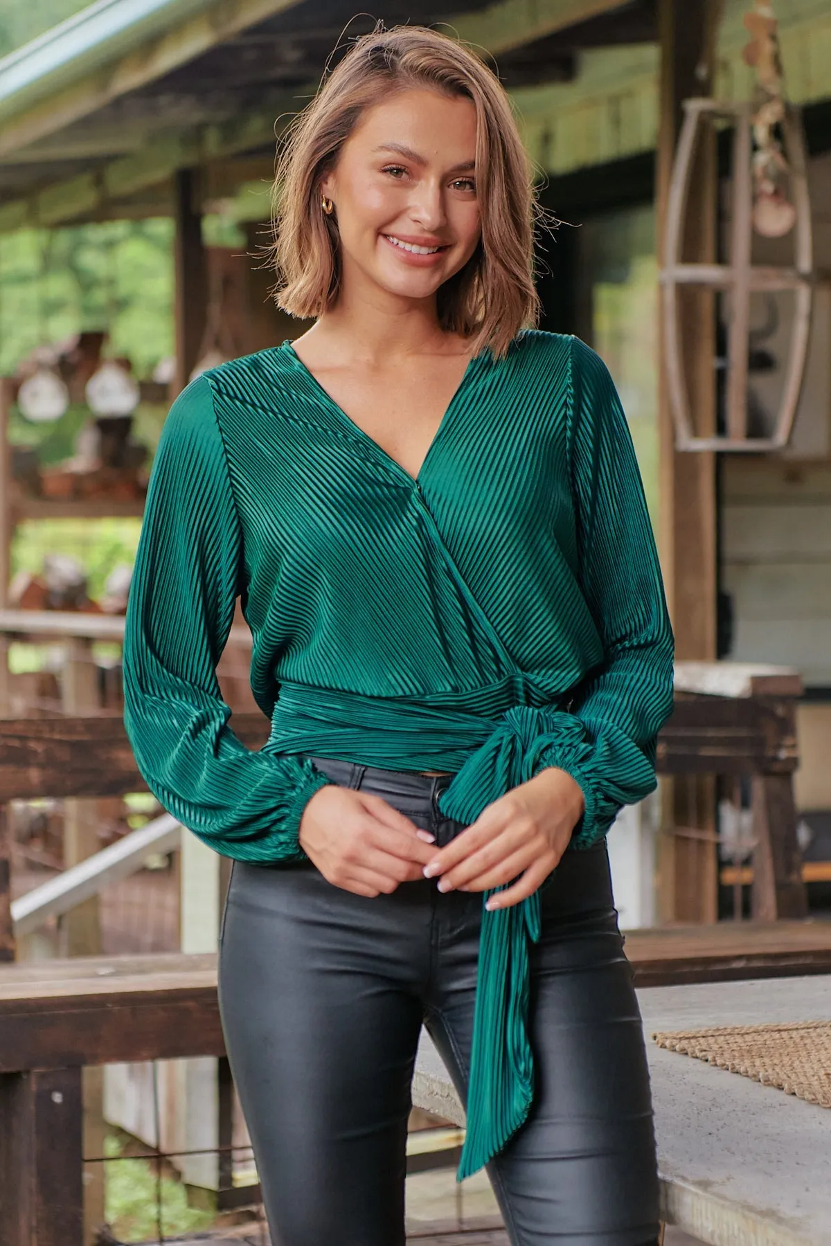 Parvatti Emerald Pleated Long Sleeve Top