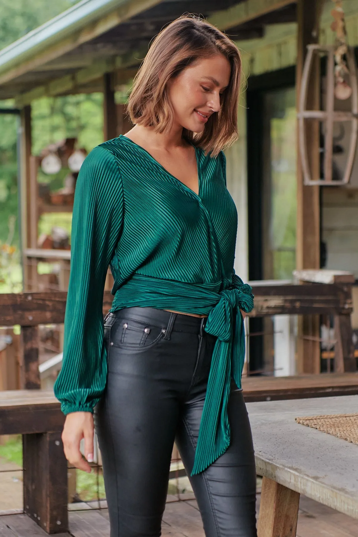 Parvatti Emerald Pleated Long Sleeve Top