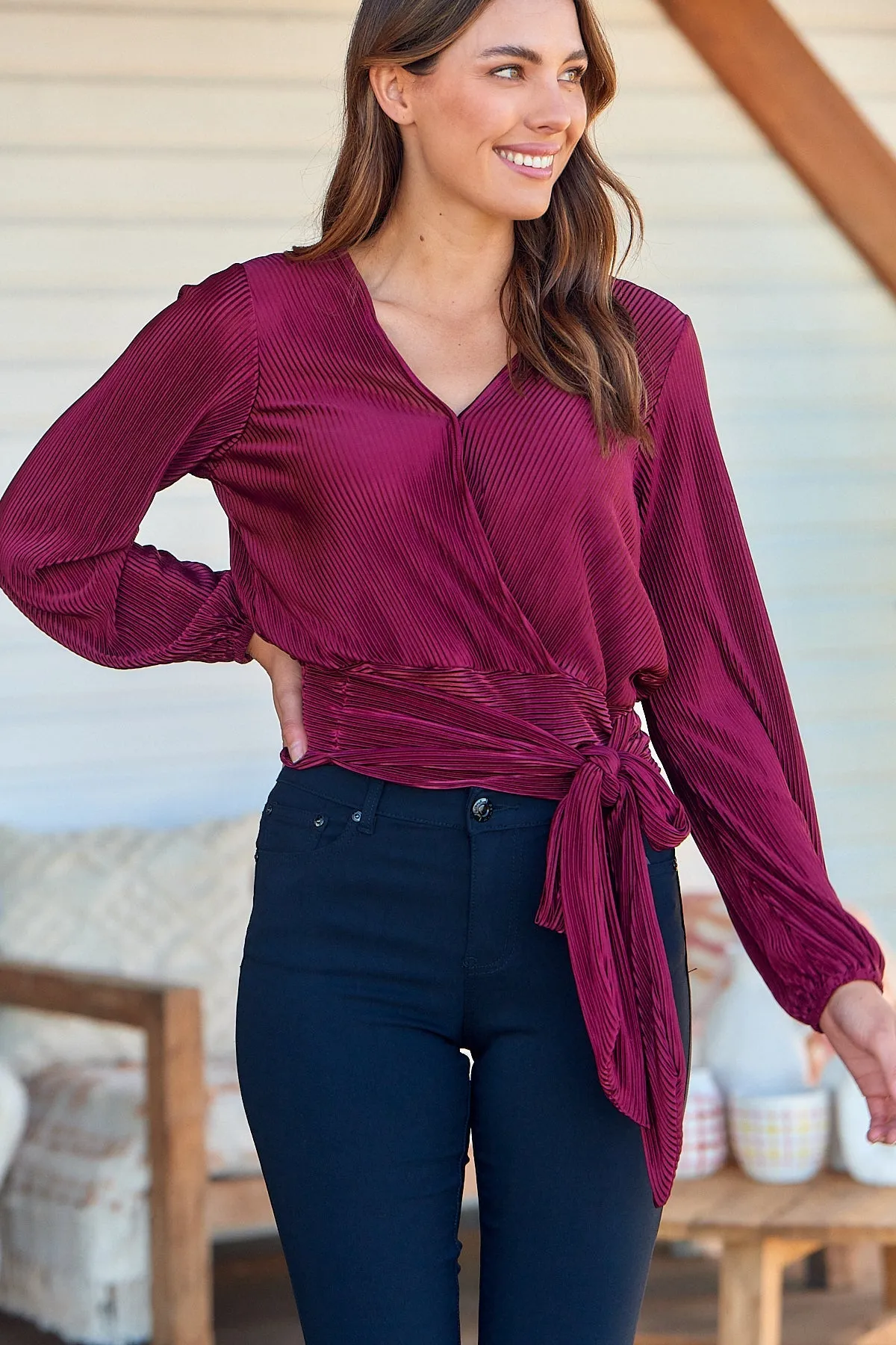 Parvatti Wine Pleated Long Sleeve Top