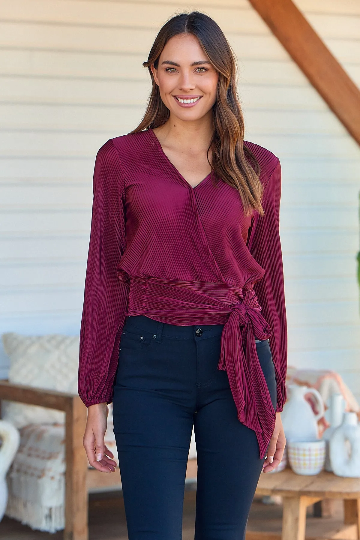 Parvatti Wine Pleated Long Sleeve Top
