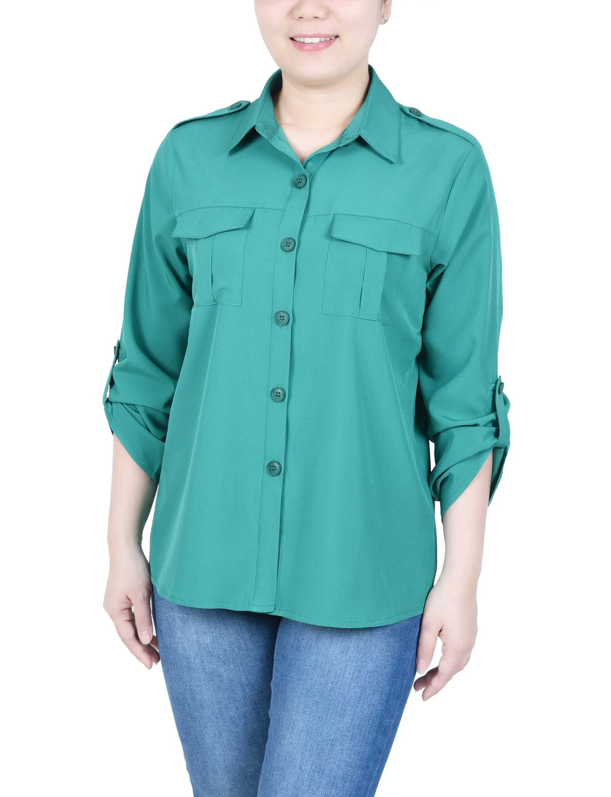 Petite 3/4 Sleeve Roll Tab Blouse