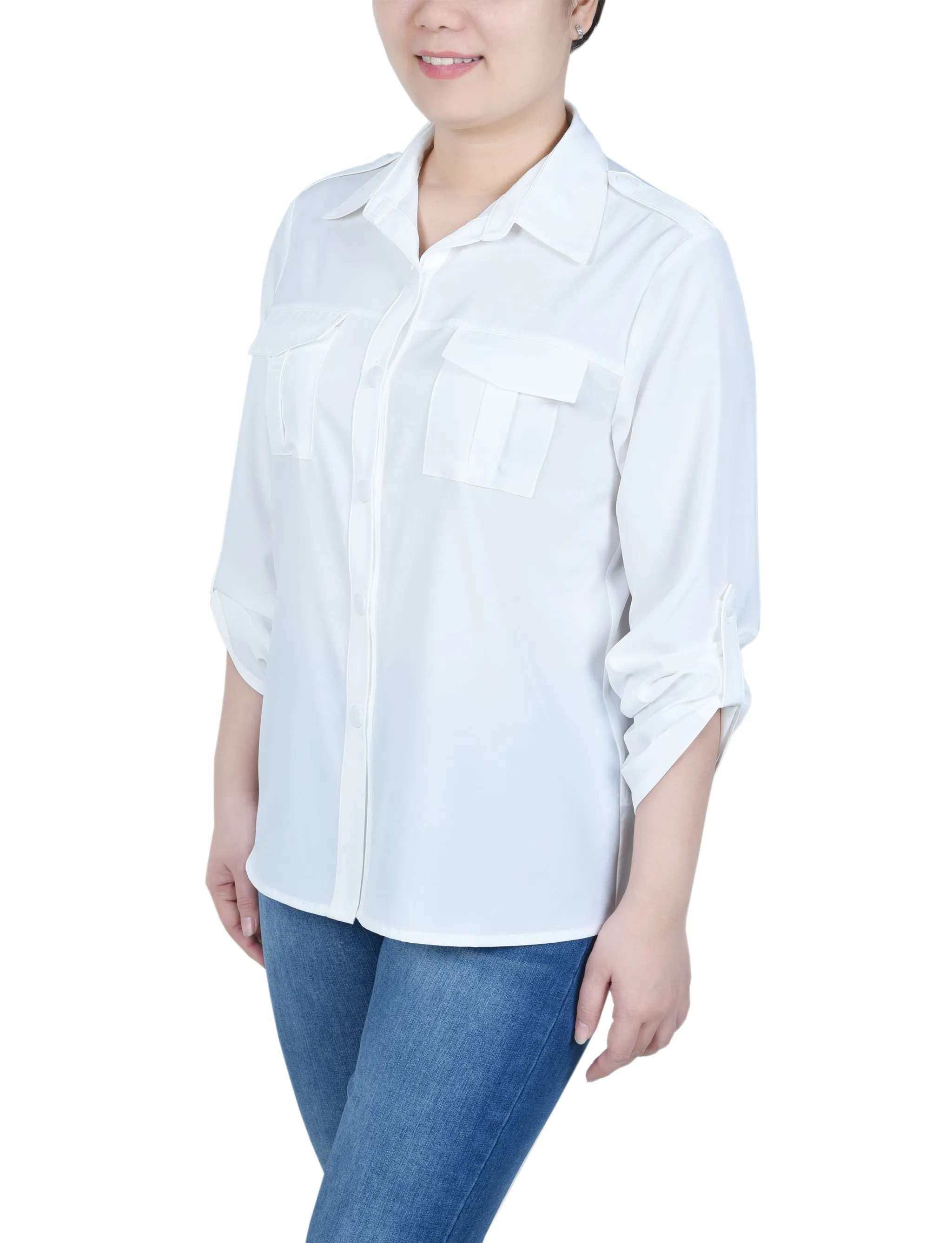 Petite 3/4 Sleeve Roll Tab Blouse