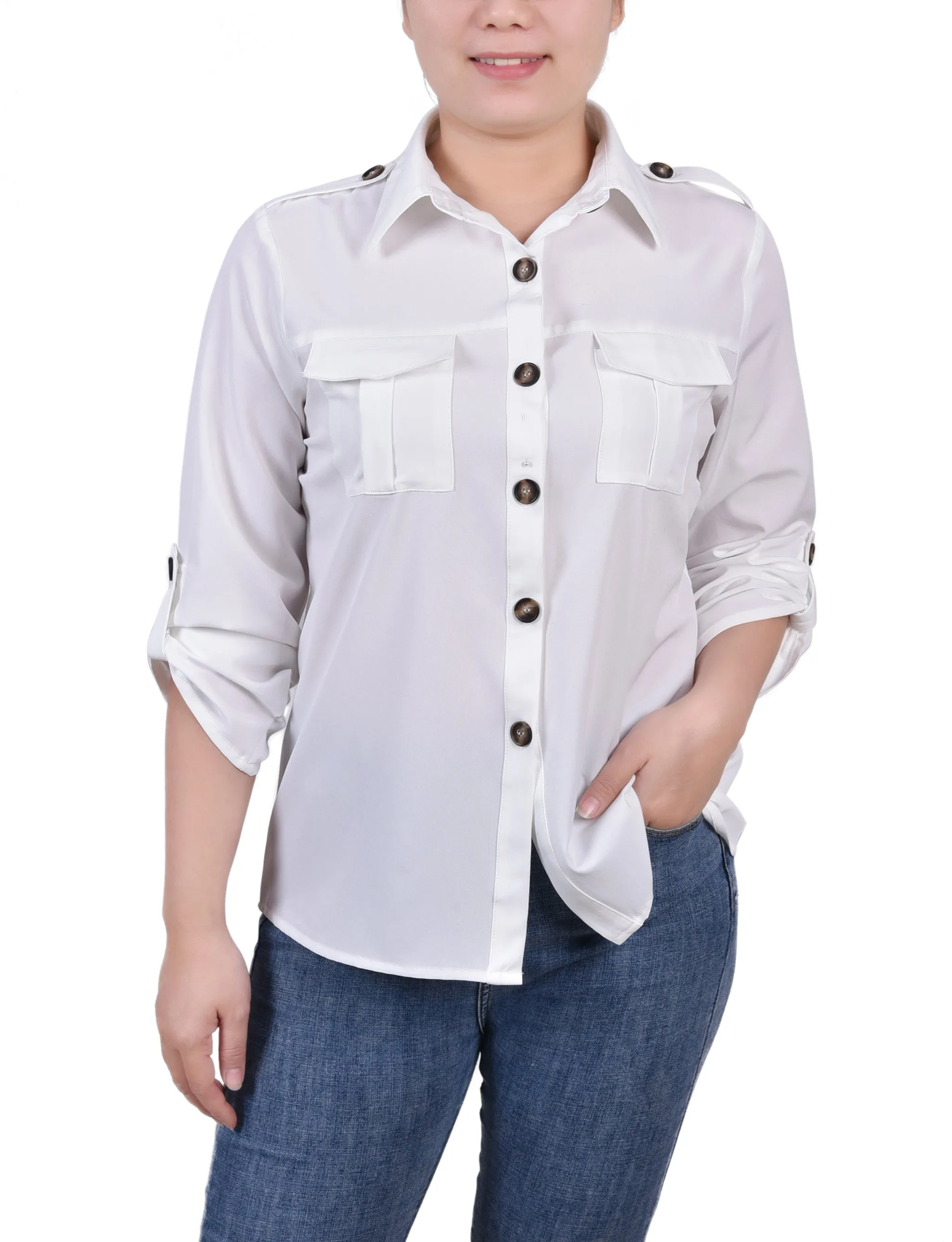 Petite 3/4 Sleeve Roll Tab Blouse