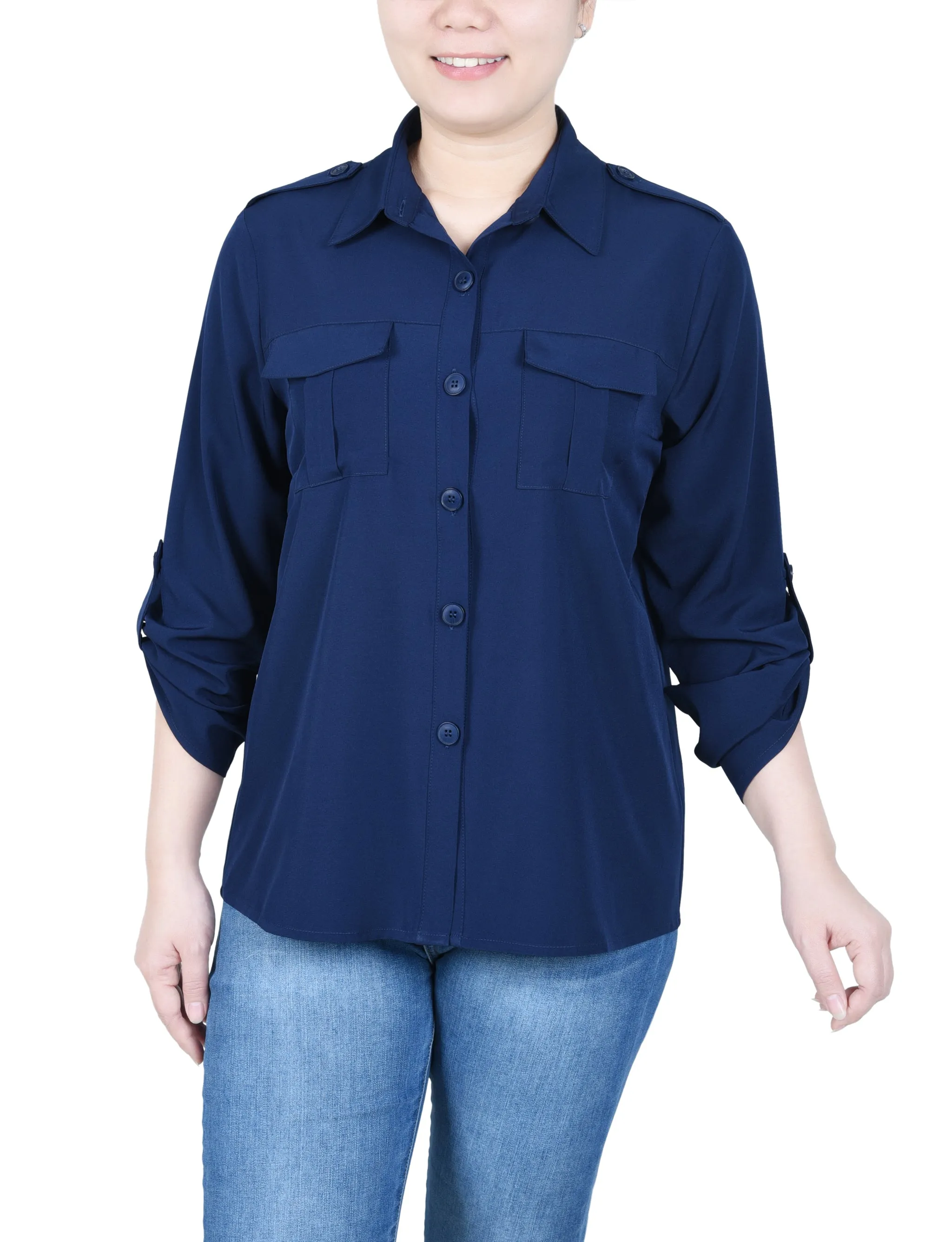 Petite 3/4 Sleeve Roll Tab Blouse