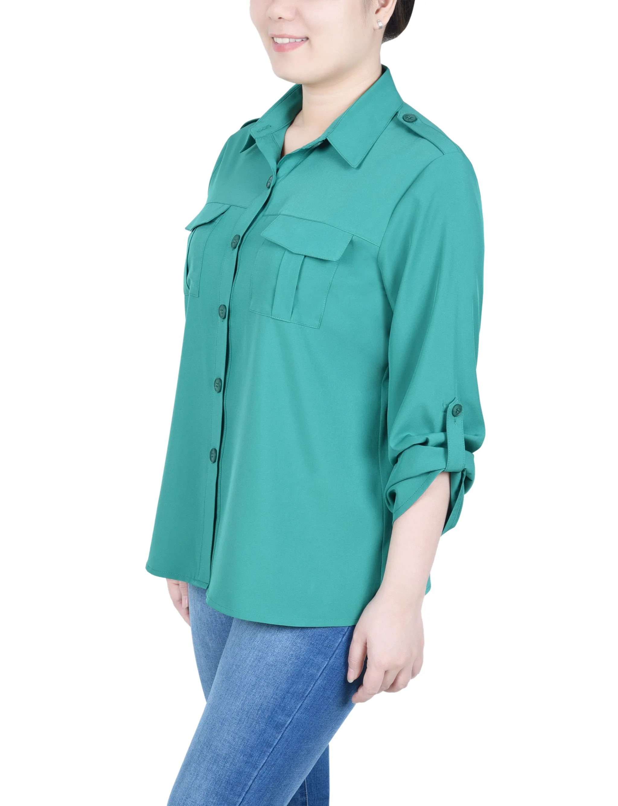 Petite 3/4 Sleeve Roll Tab Blouse