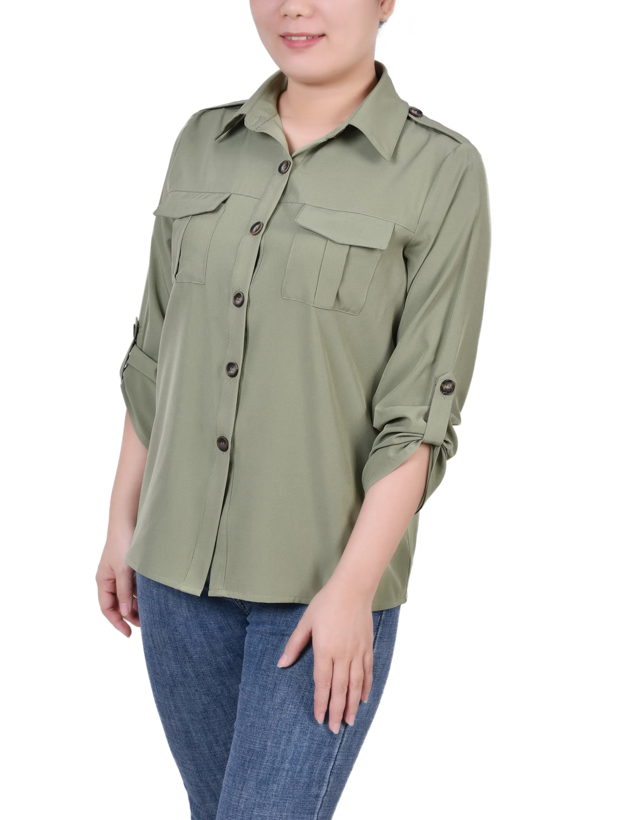 Petite 3/4 Sleeve Roll Tab Blouse