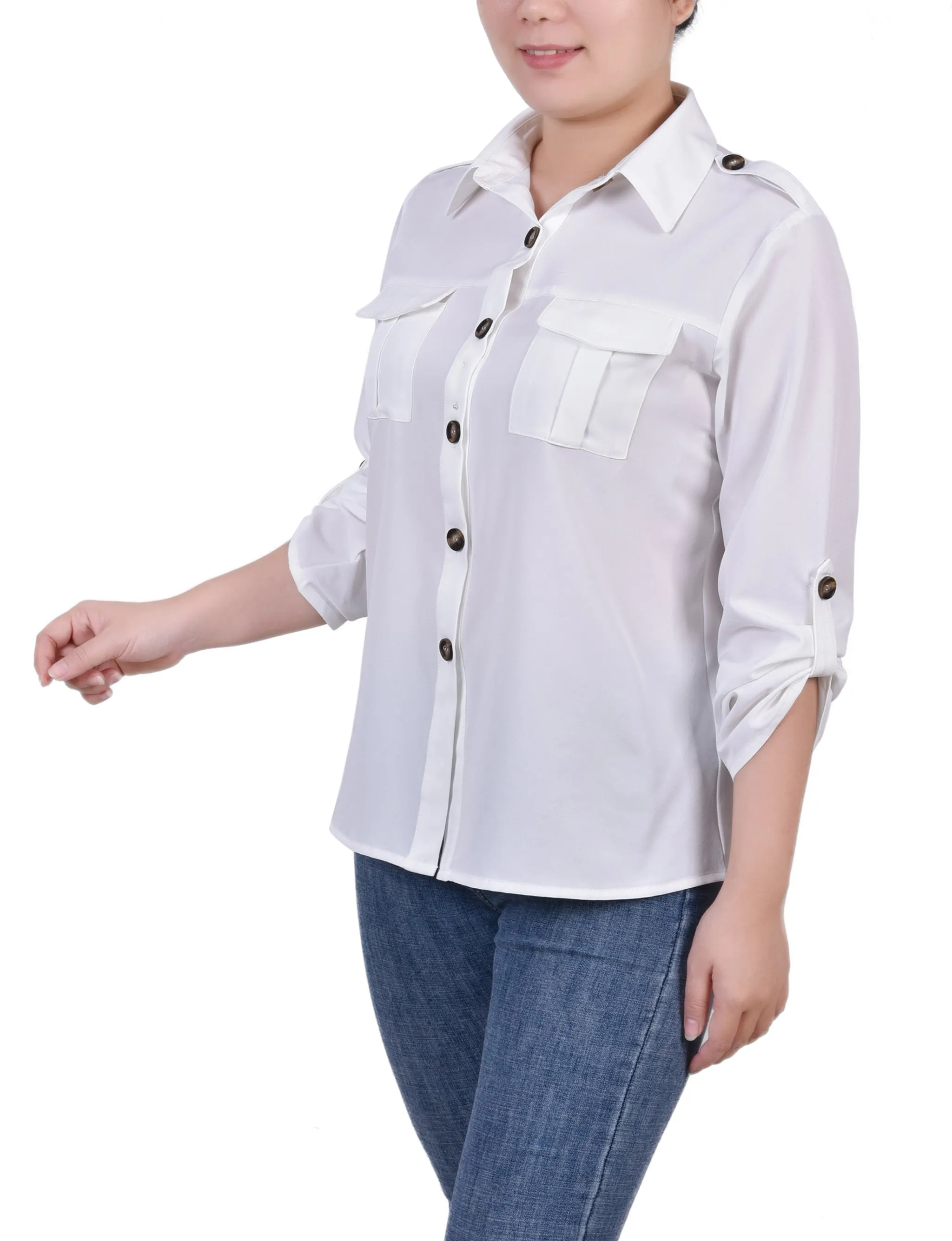 Petite 3/4 Sleeve Roll Tab Blouse
