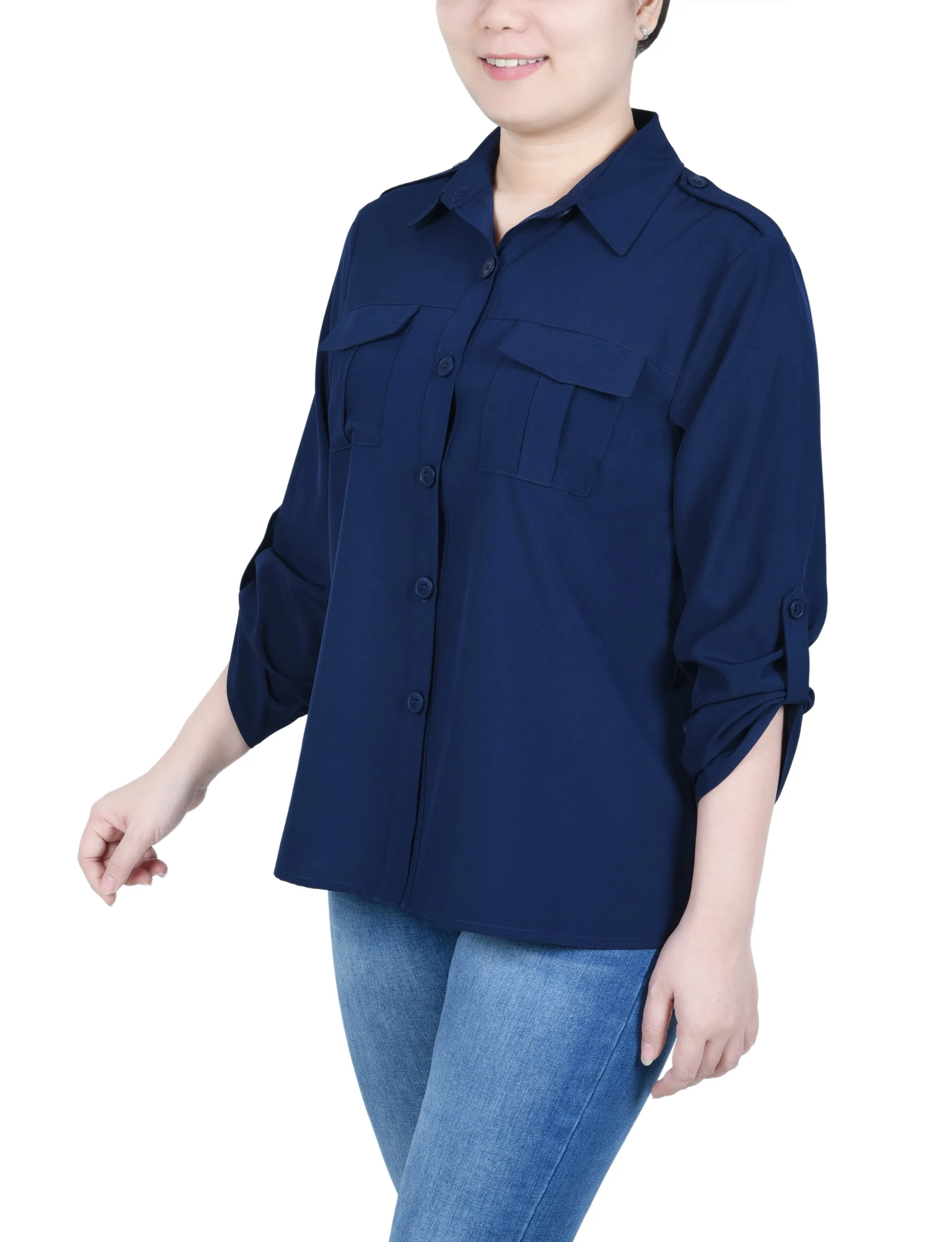 Petite 3/4 Sleeve Roll Tab Blouse
