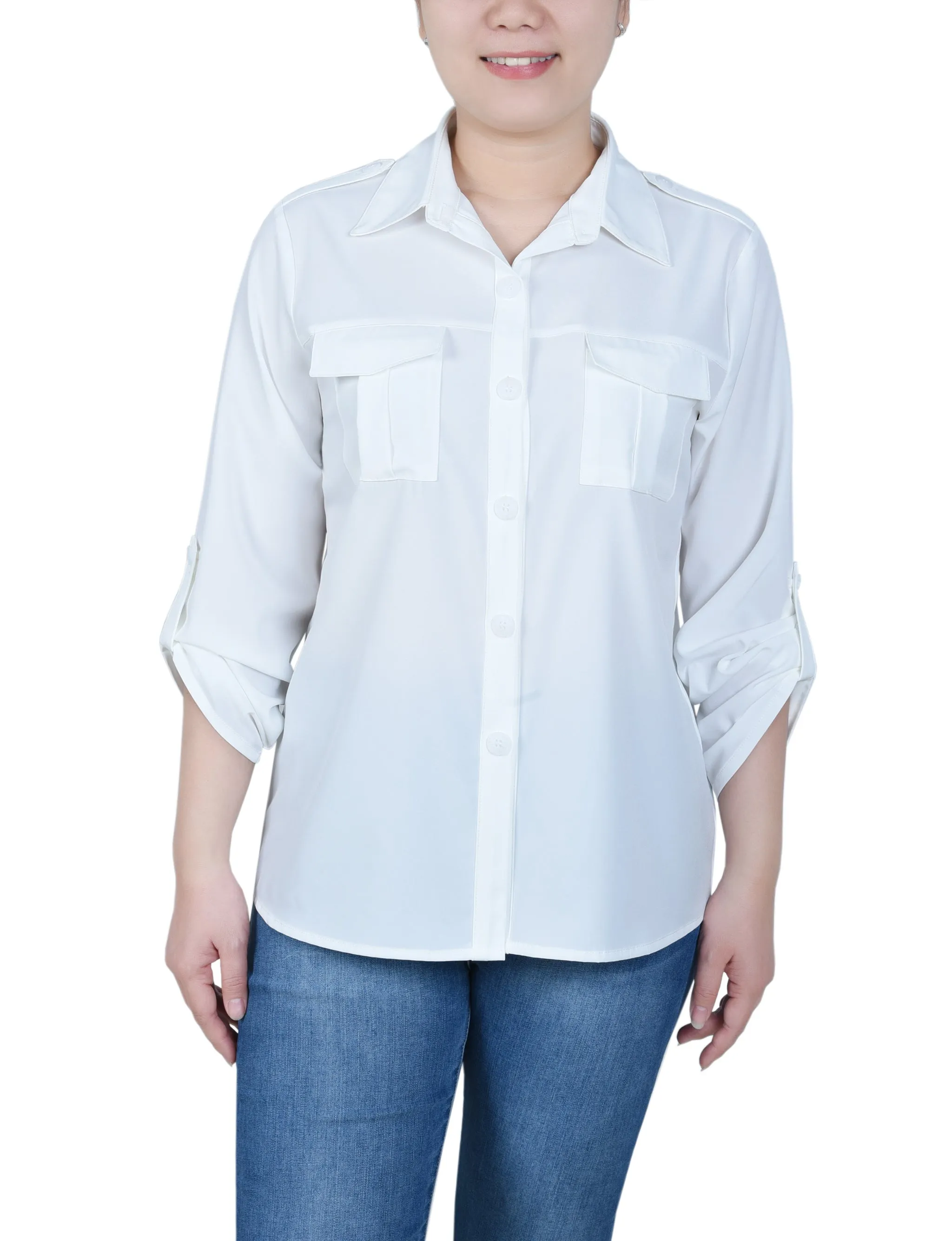 Petite 3/4 Sleeve Roll Tab Blouse