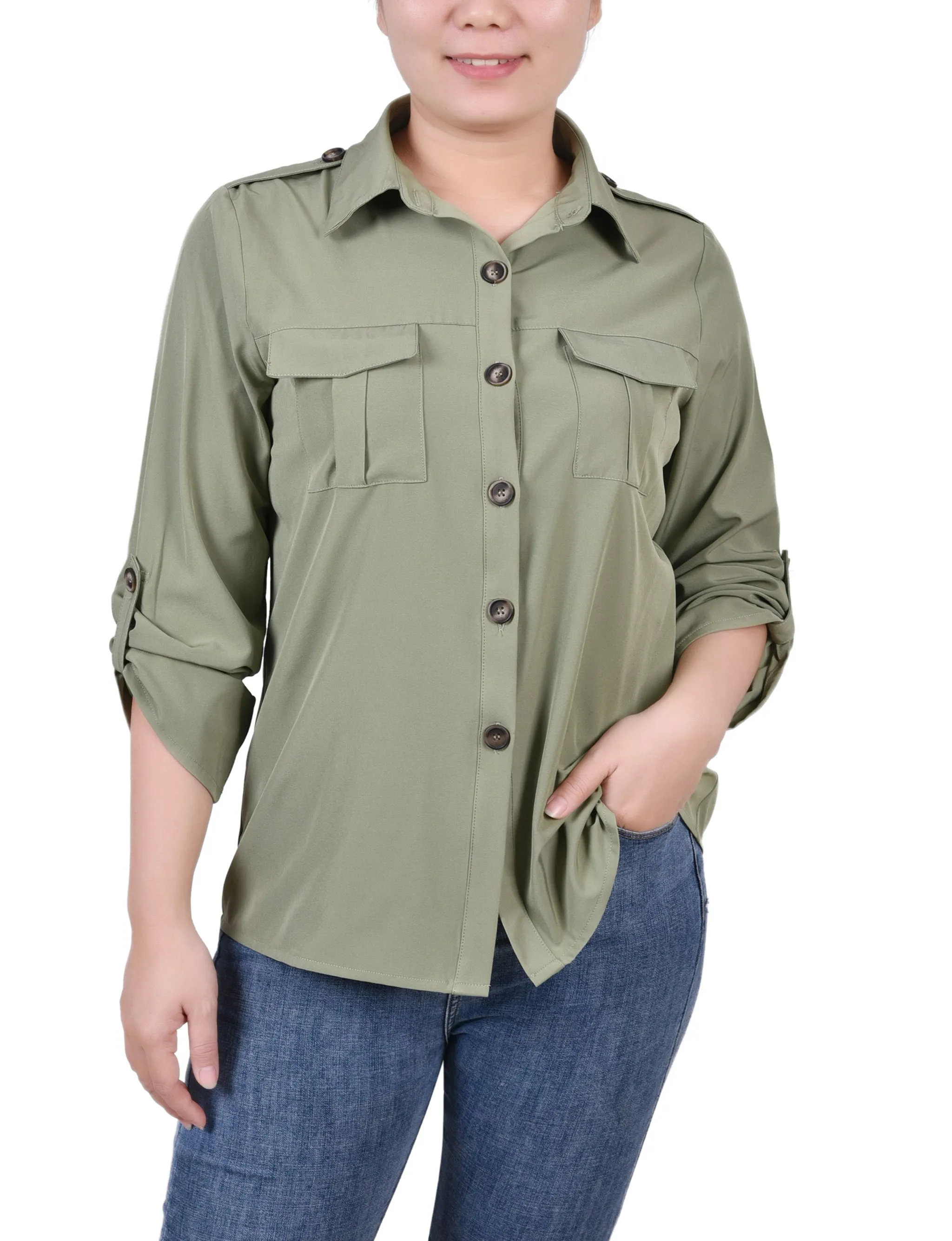 Petite 3/4 Sleeve Roll Tab Blouse