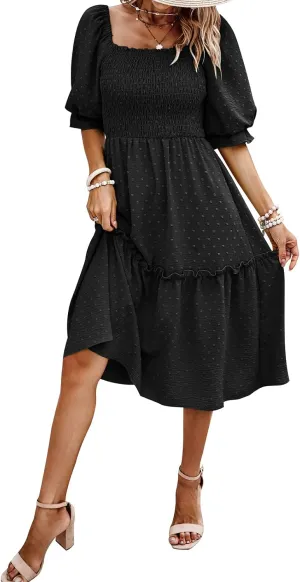 PRETTYGARDEN Women's Summer Casual Dresses 2025 Spring Puff Sleeve Square Neck A-line Flowy Boho Floral Smocked Midi Dress