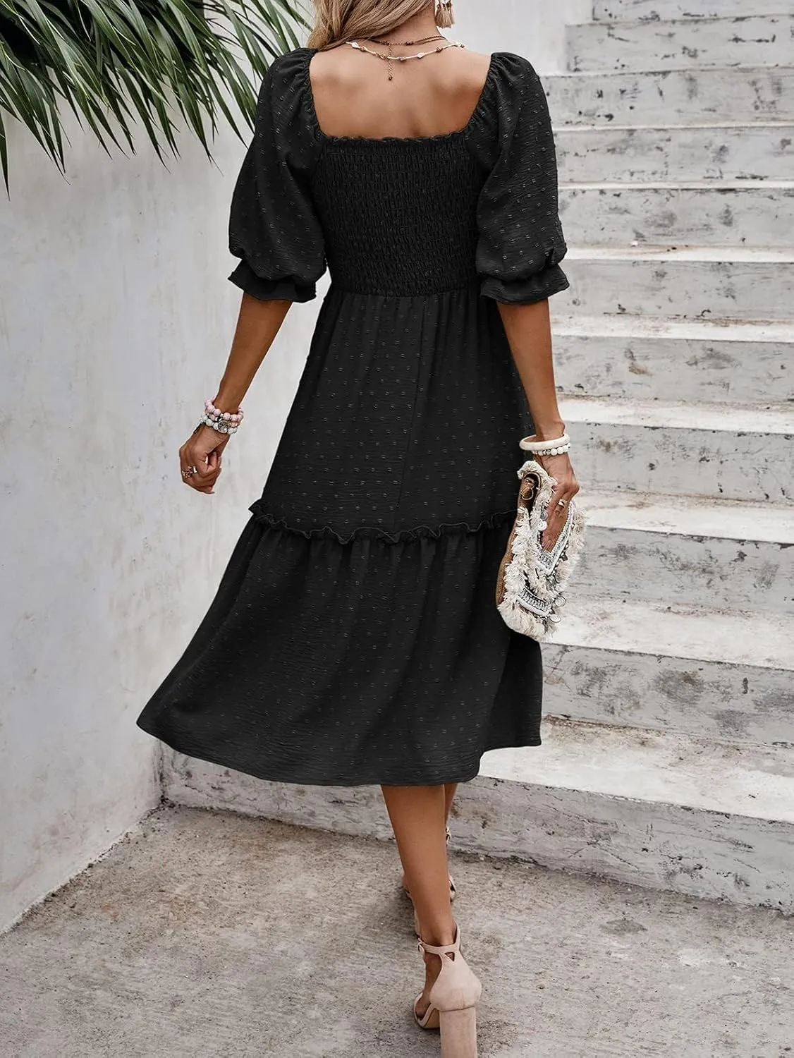 PRETTYGARDEN Women's Summer Casual Dresses 2025 Spring Puff Sleeve Square Neck A-line Flowy Boho Floral Smocked Midi Dress