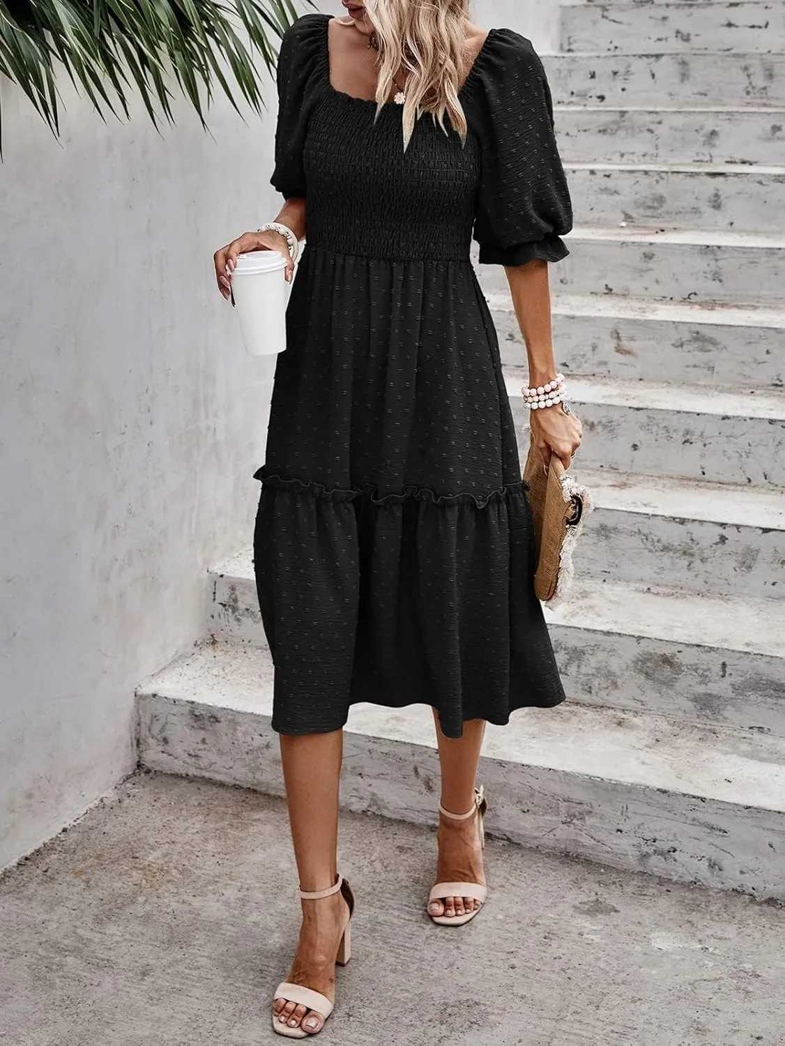 PRETTYGARDEN Women's Summer Casual Dresses 2025 Spring Puff Sleeve Square Neck A-line Flowy Boho Floral Smocked Midi Dress