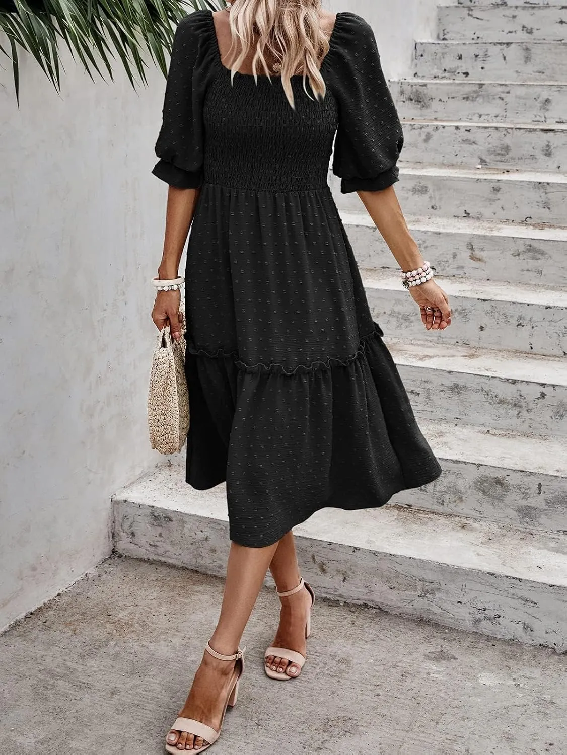 PRETTYGARDEN Women's Summer Casual Dresses 2025 Spring Puff Sleeve Square Neck A-line Flowy Boho Floral Smocked Midi Dress